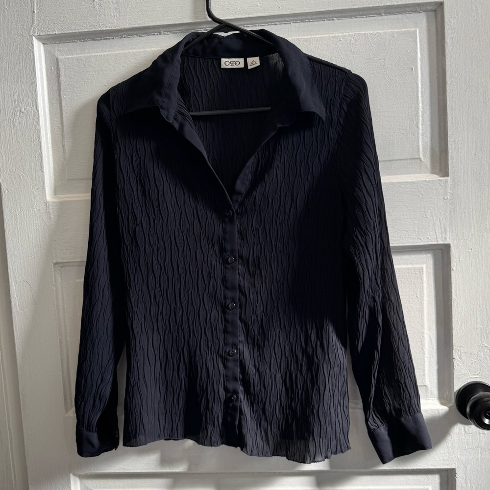 CATO Black Wave Textured Sheer Button Down Blouse Size M